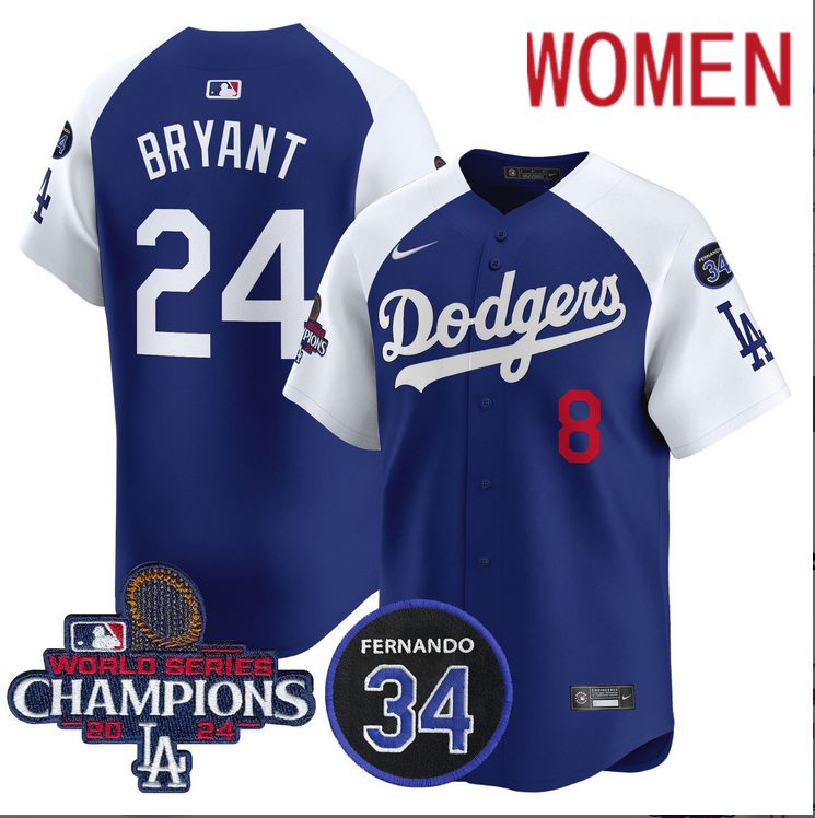 Women MLB Los Angeles Dodgers #24 Bryant  blue 2024 World Series Champions Patch Limited Jersey